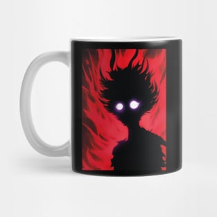 A red black shadow in an anime style with red eyes and flames behind it. Mug